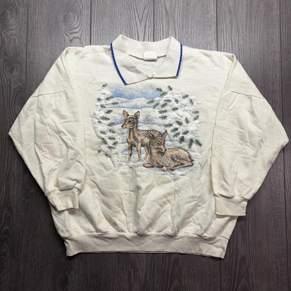 Vintage Cute Deer Winter 1980s Medium Nature Sweatshirt Grandma Core Collared
